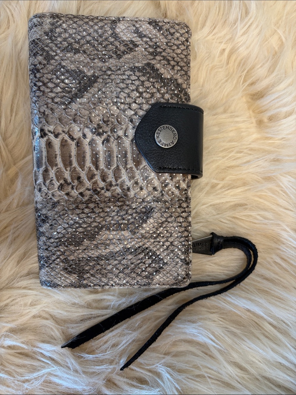 Aimee Kestenberg Gray Snake-Print Leather Wristlet with Black Snap and Strap